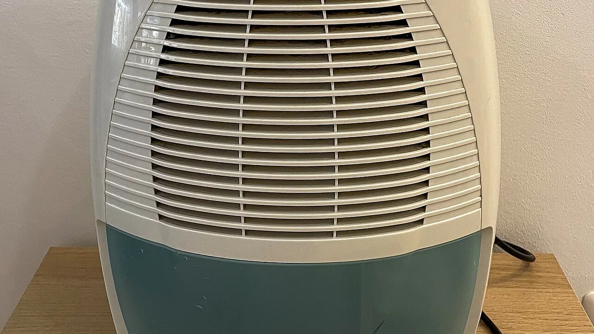 A dehumidifier with a European plug; illustrative equipment, not a recommended model