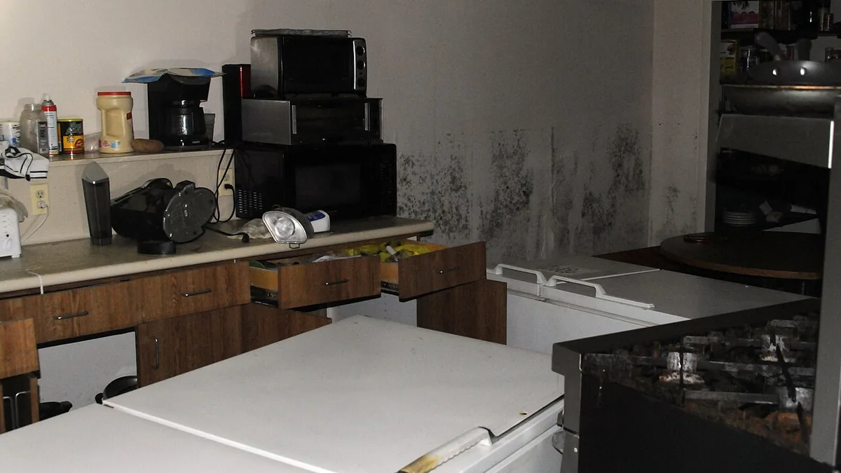 Flood-damaged break room with visible wall mould; severe flood damage, not ordinary condensation